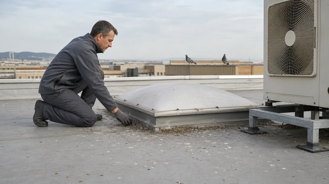 Inspección de indicios de palomas junto a un lucernario y climatización en una cubierta industrial