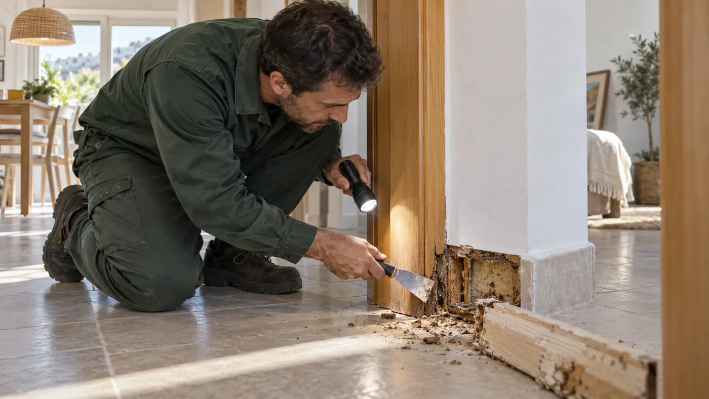 Técnico inspeccionando daños en madera descubiertos al retirar un zócalo durante una reforma